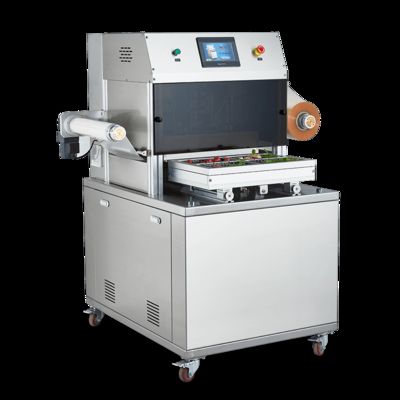 Automatic Vertical Tray Sealer with Food Grade 304 Stainless Steel and 6061 Anodized Aluminum Mold for Modified Atmosphere Packaging